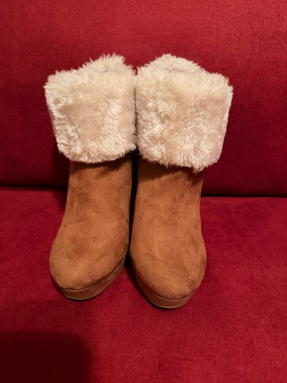 Guess Desten Ankle Boots Brown Faux Fur Cuff Stiletto Platform Heels